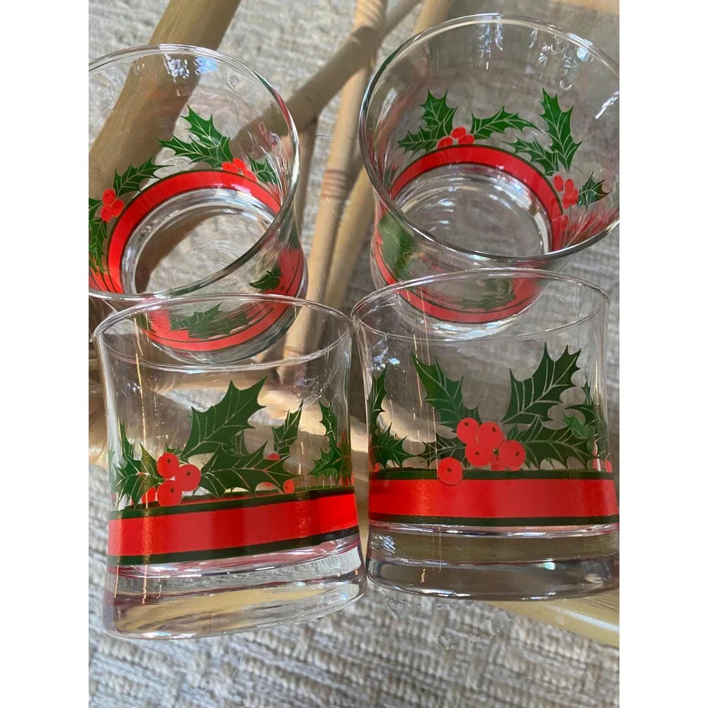 Set of 4 Libbey Holly and Berries Christmas Rocks Mai Tai Glasses
